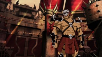 Movie still from “Mortal Kombat Legends: Battle of the Realms” (2021), directed by Ethan Spaulding – A man with a skull mask on standing in front of a building; Wide shot, Low angle