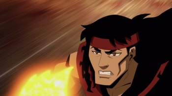 Movie still from “Mortal Kombat Legends: Battle of the Realms” (2021), directed by Ethan Spaulding – A man with long black hair and a red shirt is holding a fire; Close Up shot, Low angle