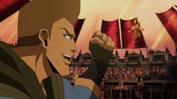 Movie still from “Mortal Kombat Legends: Battle of the Realms” (2021), directed by Ethan Spaulding – An animated picture of a man with a fist up; Medium shot, Over the shoulder angle