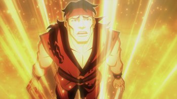 Movie still from “Mortal Kombat Legends: Battle of the Realms” (2021), directed by Ethan Spaulding – An image of an animated character in a yellow background; Medium shot, Low angle