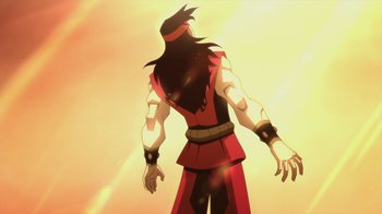 Movie still from “Mortal Kombat Legends: Battle of the Realms” (2021), directed by Ethan Spaulding – A man with a long black hair and a red outfit; Medium shot, Low angle