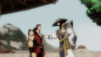 Movie still from “Mortal Kombat Legends: Battle of the Realms” (2021), directed by Ethan Spaulding – A man in a red and black outfit and a man in a yellow and black outfit; Medium shot, Over the shoulder angle