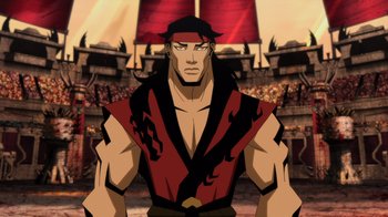 Movie still from “Mortal Kombat Legends: Battle of the Realms” (2021), directed by Ethan Spaulding – A man in a red and black shirt is standing in front of an audience; Medium shot, Low angle