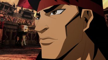 Movie still from “Mortal Kombat Legends: Battle of the Realms” (2021), directed by Ethan Spaulding – A person's face in a video game; Close Up shot, Low angle