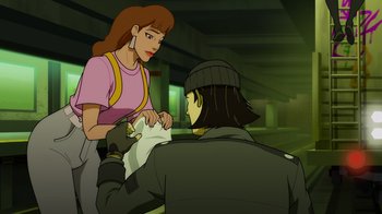 Movie still from “Mortal Kombat Legends: Cage Match” (2023), directed by Ethan Spaulding – An animated scene of a woman and a man; Medium shot, Over the shoulder angle