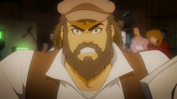 Movie still from “Mortal Kombat Legends: Cage Match” (2023), directed by Ethan Spaulding – An animated man with a beard wearing a hat; Close Up shot, Low angle
