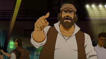Movie still from “Mortal Kombat Legends: Cage Match” (2023), directed by Ethan Spaulding – An animated man with a beard is pointing; Medium shot, Low angle