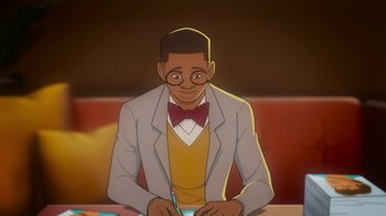 Movie still from “Mortal Kombat Legends: Cage Match” (2023), directed by Ethan Spaulding – An animated picture of a man writing on a piece of paper; Medium shot, High angle