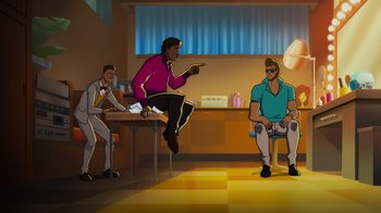 Movie still from “Mortal Kombat Legends: Cage Match” (2023), directed by Ethan Spaulding – A group of men sitting at a table in a room; Wide shot, Over the shoulder angle