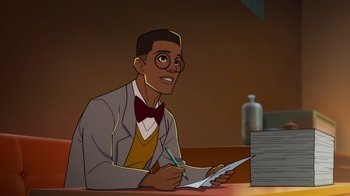 Movie still from “Mortal Kombat Legends: Cage Match” (2023), directed by Ethan Spaulding – An animated man is writing on a piece of paper; Medium shot, Over the shoulder angle