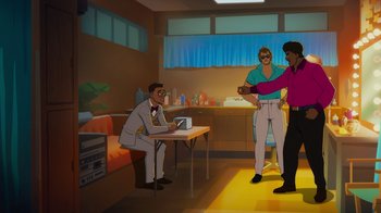 Movie still from “Mortal Kombat Legends: Cage Match” (2023), directed by Ethan Spaulding – A cartoon scene of a group of people in a room; Wide shot, High angle