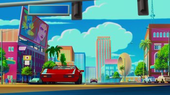 Movie still from “Mortal Kombat Legends: Cage Match” (2023), directed by Ethan Spaulding – A red car driving down a street next to a traffic light; Extreme Wide shot, Low angle