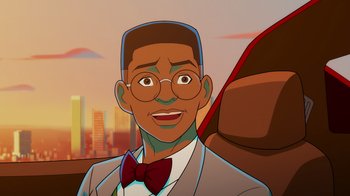 Movie still from “Mortal Kombat Legends: Cage Match” (2023), directed by Ethan Spaulding – An animated picture of a man in a suit and bow tie; Close Up shot, Low angle