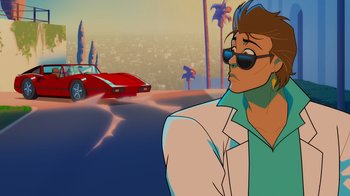 Movie still from “Mortal Kombat Legends: Cage Match” (2023), directed by Ethan Spaulding – An animated scene of a man and a red car; Close Up shot, Low angle