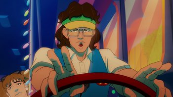 Movie still from “Mortal Kombat Legends: Cage Match” (2023), directed by Ethan Spaulding – An animated woman with glasses is driving a car; Medium shot, Low angle