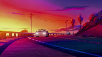 Movie still from “Mortal Kombat Legends: Cage Match” (2023), directed by Ethan Spaulding – A car driving down a street at sunset; Extreme Wide shot, Low angle