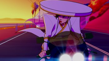 Movie still from “Mortal Kombat Legends: Cage Match” (2023), directed by Ethan Spaulding – An animated picture of a woman with a large hat; Medium shot, Low angle