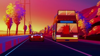 Movie still from “Mortal Kombat Legends: Cage Match” (2023), directed by Ethan Spaulding – An illustration of a bus and a car driving down the road; Extreme Wide shot, Low angle