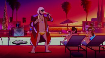 Movie still from “Mortal Kombat Legends: Cage Match” (2023), directed by Ethan Spaulding – An animated man standing next to a woman in a pool; Wide shot, Low angle