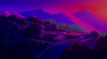 Movie still from “Mortal Kombat Legends: Cage Match” (2023), directed by Ethan Spaulding – A painting of a road going through the mountains; Extreme Wide shot, Low angle