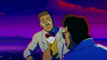 Movie still from “Mortal Kombat Legends: Cage Match” (2023), directed by Ethan Spaulding – An animated scene of a man in a white jacket and a red bow tie; Medium shot, Over the shoulder angle