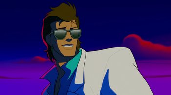 Movie still from “Mortal Kombat Legends: Cage Match” (2023), directed by Ethan Spaulding – A man wearing sunglasses and a white jacket; Close Up shot, Low angle