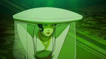 Movie still from “Mortal Kombat Legends: Cage Match” (2023), directed by Ethan Spaulding – A woman with a hat is sitting in a vehicle; Close Up shot, Low angle