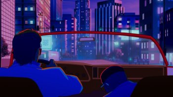 Movie still from “Mortal Kombat Legends: Cage Match” (2023), directed by Ethan Spaulding – A man and a woman driving a car in a city at night; Extreme Wide shot, Low angle