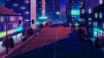 Movie still from “Mortal Kombat Legends: Cage Match” (2023), directed by Ethan Spaulding – An illustration of an empty city street at night; Extreme Wide shot, High angle