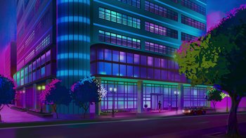 Movie still from “Mortal Kombat Legends: Cage Match” (2023), directed by Ethan Spaulding – An illustration of a city street at night with neon lights; Extreme Wide shot, Low angle