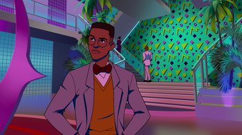 Movie still from “Mortal Kombat Legends: Cage Match” (2023), directed by Ethan Spaulding – An animated man wearing a suit and bow tie; Medium shot, Low angle