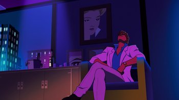 Movie still from “Mortal Kombat Legends: Cage Match” (2023), directed by Ethan Spaulding – A man sitting on a couch in front of a painting; Wide shot, Low angle