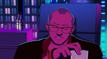 Movie still from “Mortal Kombat Legends: Cage Match” (2023), directed by Ethan Spaulding – An animated picture of a man in a car; Close Up shot, Over the shoulder angle