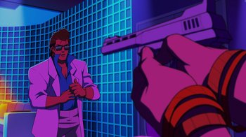 Movie still from “Mortal Kombat Legends: Cage Match” (2023), directed by Ethan Spaulding – A man in a white lab coat is pointing a gun at another man; Medium shot, Low angle