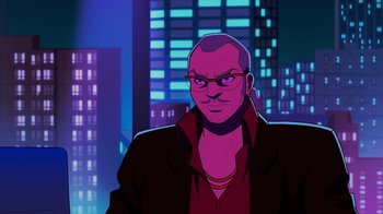 Movie still from “Mortal Kombat Legends: Cage Match” (2023), directed by Ethan Spaulding – An animated picture of a man in a purple jacket; Close Up shot, Low angle