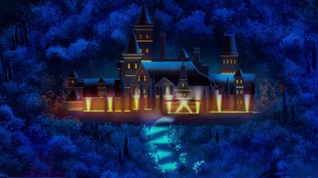 Movie still from “Mortal Kombat Legends: Cage Match” (2023), directed by Ethan Spaulding – An illustration of a night scene of a castle; Extreme Wide shot, High angle