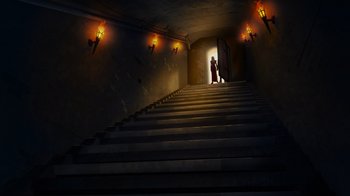 Movie still from “Mortal Kombat Legends: Cage Match” (2023), directed by Ethan Spaulding – A man walking down a set of stairs with lights on; Extreme Wide shot, Low angle
