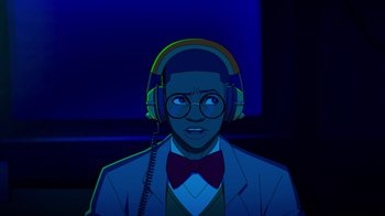 Movie still from “Mortal Kombat Legends: Cage Match” (2023), directed by Ethan Spaulding – A man wearing headphones and a bow tie; Medium shot, Low angle