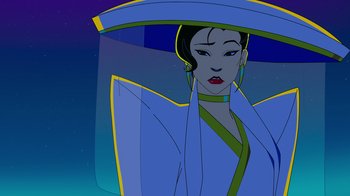 Movie still from “Mortal Kombat Legends: Cage Match” (2023), directed by Ethan Spaulding – An animated picture of a woman with a hat; Close Up shot, Low angle