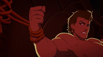 Movie still from “Mortal Kombat Legends: Cage Match” (2023), directed by Ethan Spaulding – A man is tied up with a rope around his neck; Medium shot, High angle