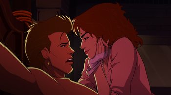 Movie still from “Mortal Kombat Legends: Cage Match” (2023), directed by Ethan Spaulding – A man and a woman looking at one another; Extreme Close Up shot, Low angle