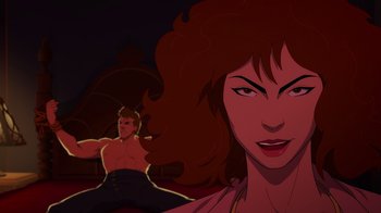 Movie still from “Mortal Kombat Legends: Cage Match” (2023), directed by Ethan Spaulding – An animated picture of a man and a woman; Close Up shot, Over the shoulder angle