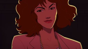 Movie still from “Mortal Kombat Legends: Cage Match” (2023), directed by Ethan Spaulding – An illustration of a woman in a pink jacket; Close Up shot, Over the shoulder angle