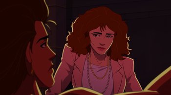 Movie still from “Mortal Kombat Legends: Cage Match” (2023), directed by Ethan Spaulding – An animated scene of a woman and a man; Close Up shot, Over the shoulder angle