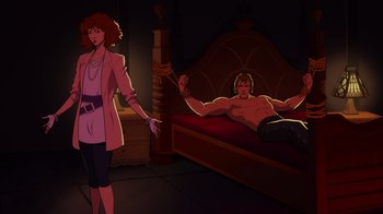 Movie still from “Mortal Kombat Legends: Cage Match” (2023), directed by Ethan Spaulding – A woman standing next to a man laying on a bed; Wide shot, High angle