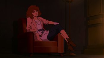 Movie still from “Mortal Kombat Legends: Cage Match” (2023), directed by Ethan Spaulding – A woman sitting in a chair in a dark room; Medium shot, High angle