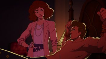 Movie still from “Mortal Kombat Legends: Cage Match” (2023), directed by Ethan Spaulding – An animated woman standing next to a man in a room; Medium shot, Over the shoulder angle