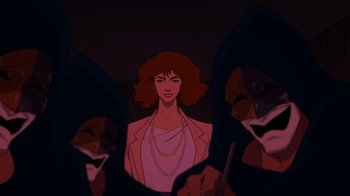 Movie still from “Mortal Kombat Legends: Cage Match” (2023), directed by Ethan Spaulding – An animated picture of a woman in front of three other people; Medium shot, Over the shoulder angle