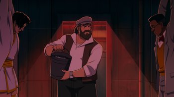 Movie still from “Mortal Kombat Legends: Cage Match” (2023), directed by Ethan Spaulding – An animated man is holding a bucket in his hand; Medium shot, Low angle