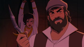 Movie still from “Mortal Kombat Legends: Cage Match” (2023), directed by Ethan Spaulding – An animated man and a woman holding a sword; Medium shot, Over the shoulder angle